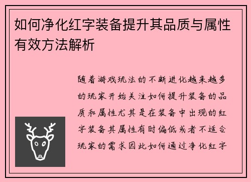 如何净化红字装备提升其品质与属性有效方法解析